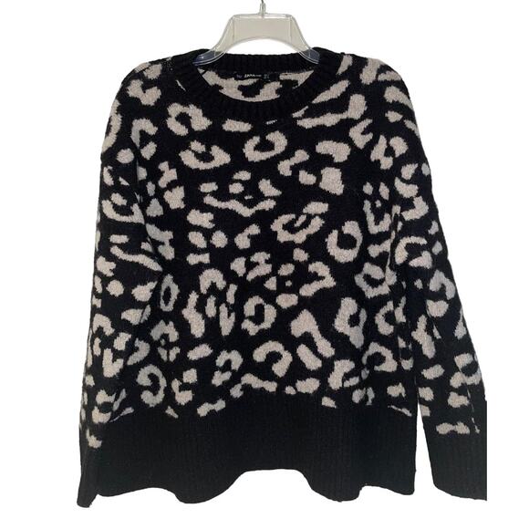 Zara Leopard Print Sweater Beige‎ & Black Oversized Boxy Fit Pullover Size Small - Picture 3 of 11